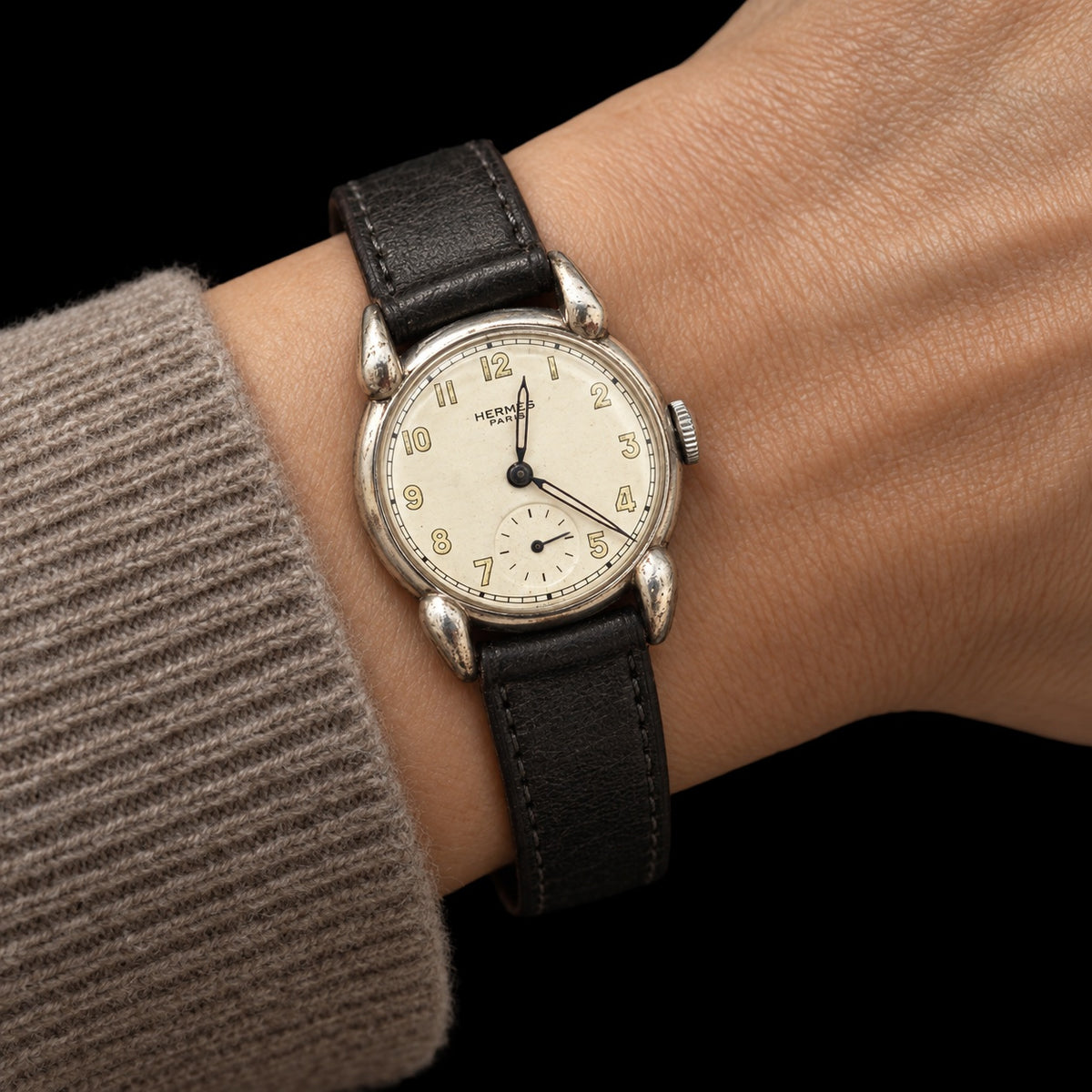 1940S STERLING SILVER WATCH WITH HERMÈS SIGNED DIAL — worn view