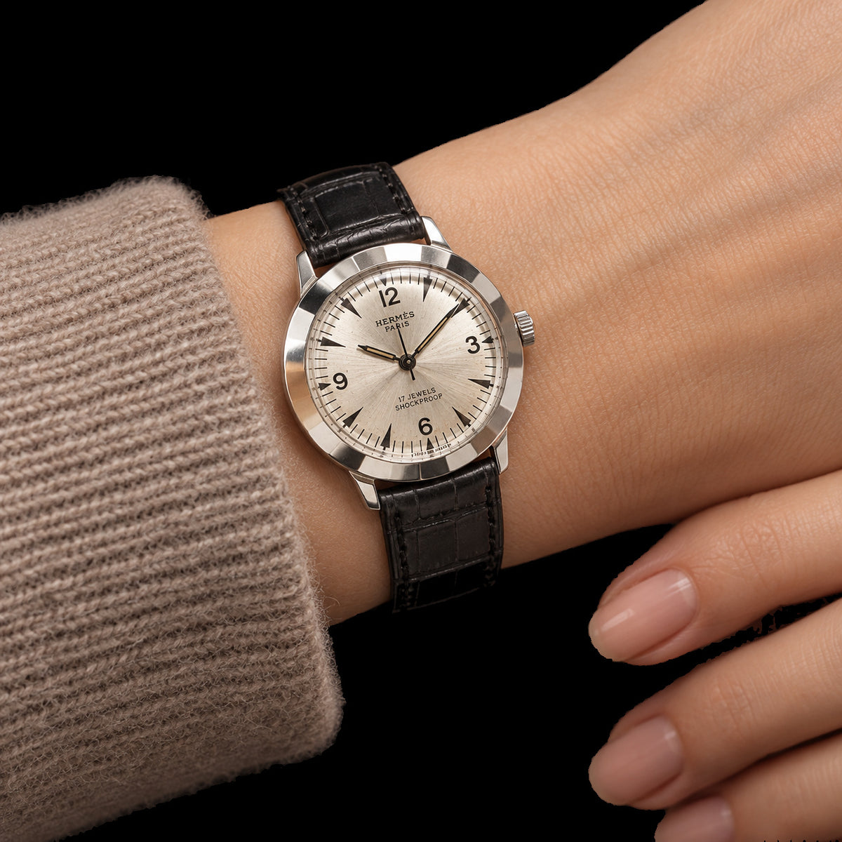 VINTAGE WATCH WITH HERMÈS SIGNED SILVER DIAL — worn view