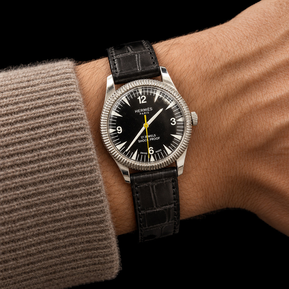 VINTAGE WATCH WITH HERMÈS SIGNED BLACK DIAL — worn view