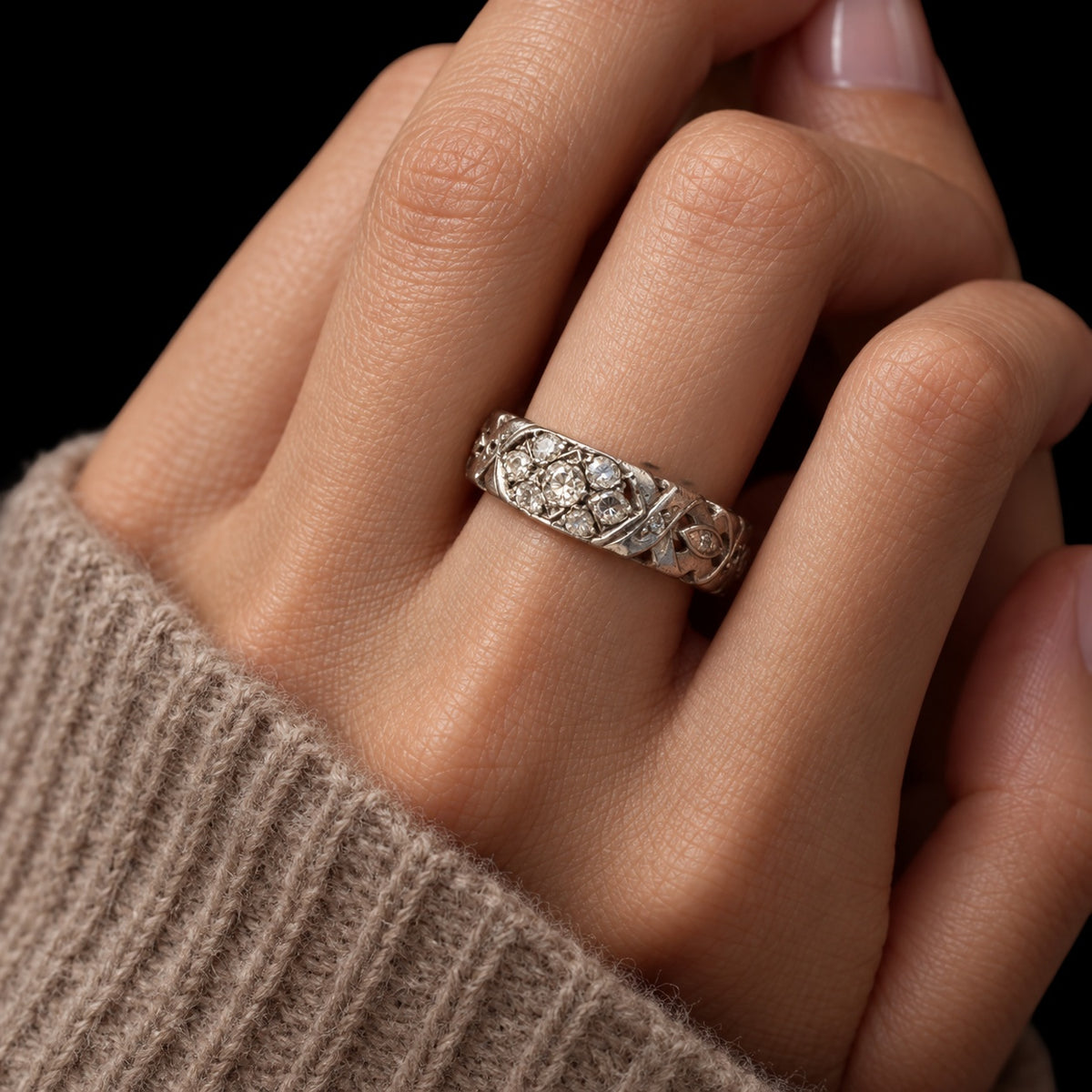 WHITE GOLD OLD MINE CUT DIAMOND X AND O ETERNITY BAND — worn view