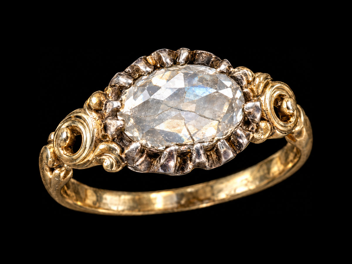 GEORGIAN DIAMOND SOLITAIRE RING WITH SCROLL SHOULDERS — front view