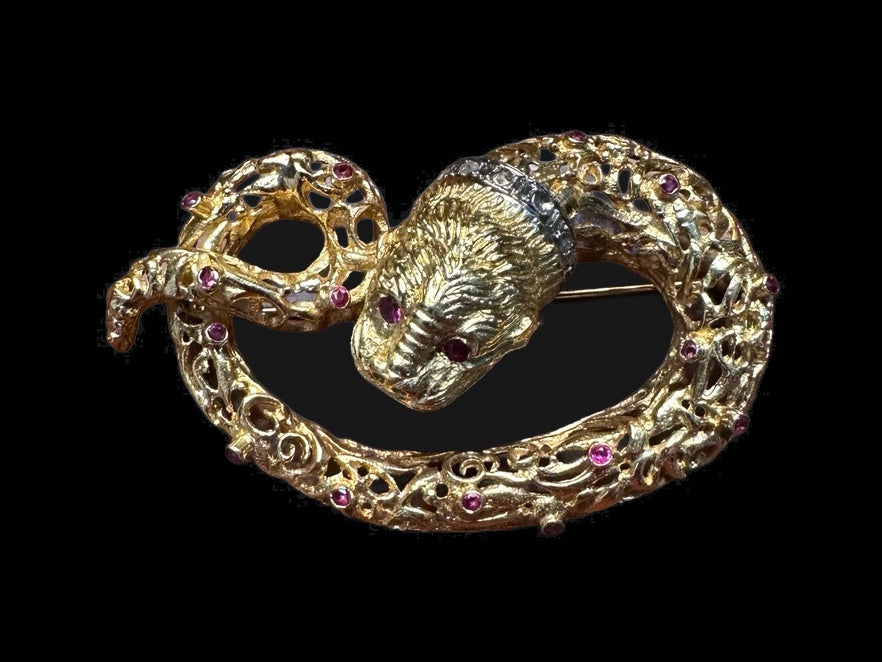 ITALIAN GOLD, RUBY & DIAMOND SEA CREATURE BROOCH — front view