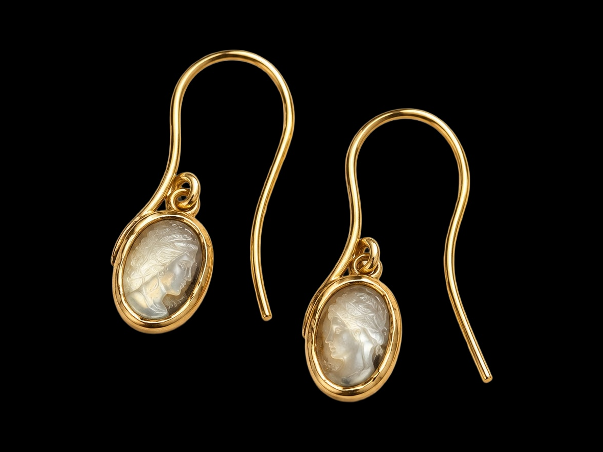 EARLY 20TH CENTURY MINIATURE CAMEO EARRINGS IN 14 KARAT GOLD on black background