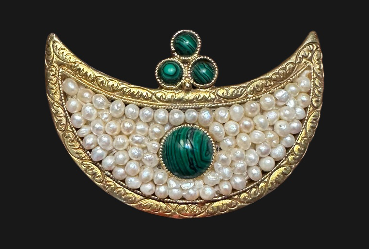 Antique Mongolian gold gilt sterling silver pin with malachite and seed pearls, front
