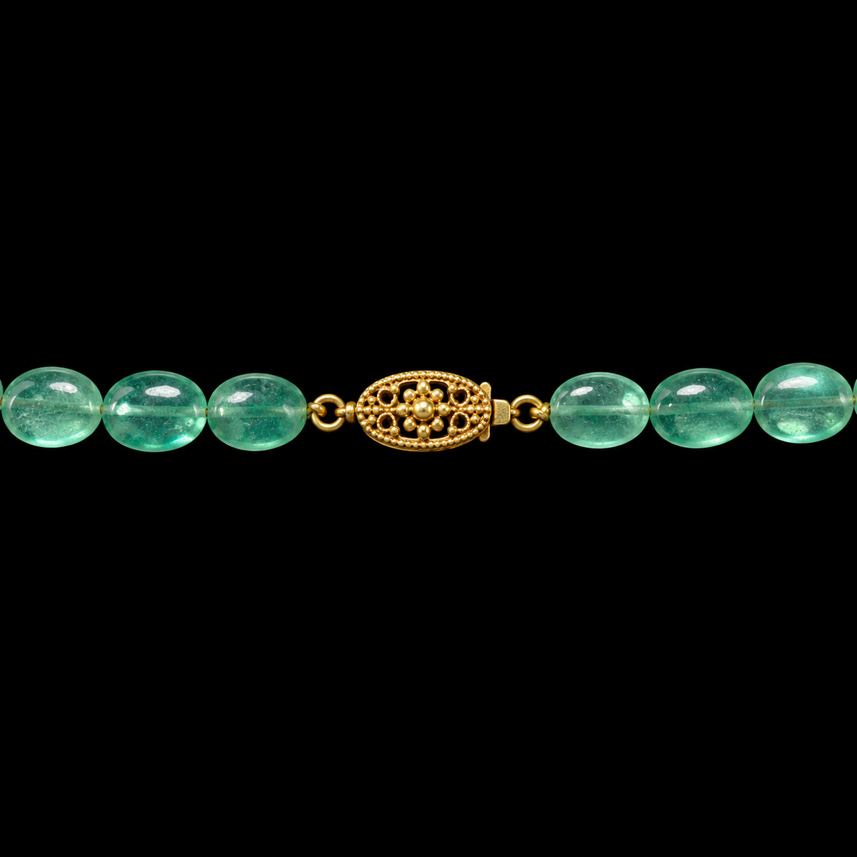PALE GREEN OVAL BEAD NECKLACE BY SEAN MCNANNEY, CLASP VIEW ON BLACK