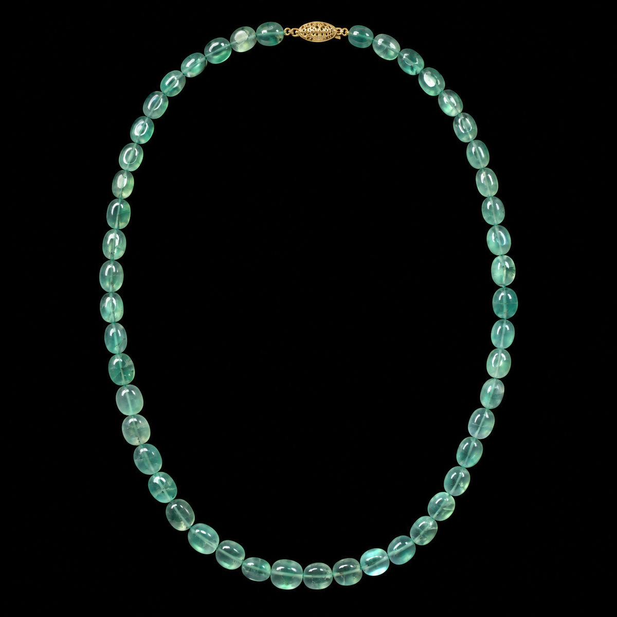 PALE GREEN OVAL BEAD NECKLACE BY SEAN MCNANNEY, FULL VIEW ON BLACK