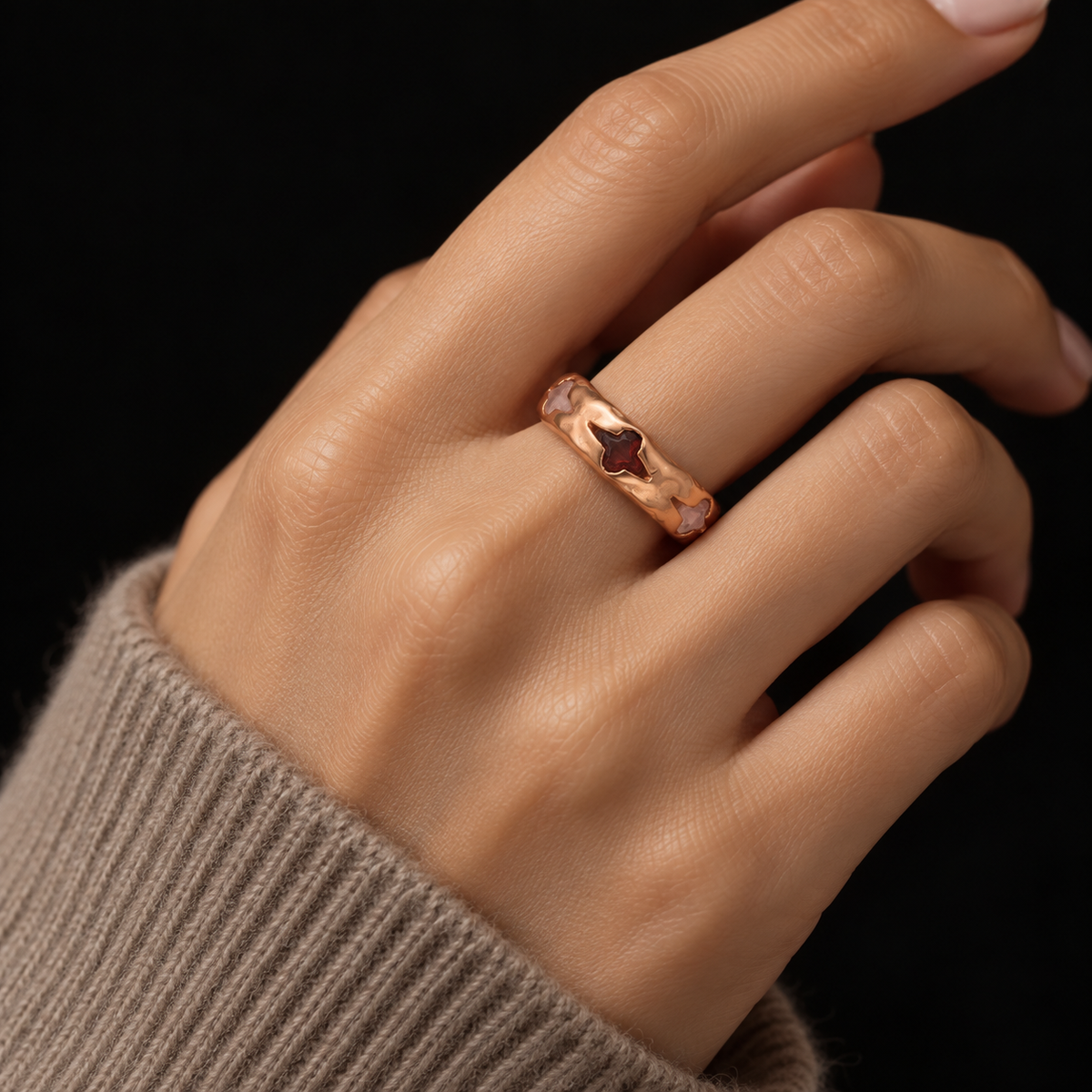 ROSE GOLD VERMEIL TOPAZ RING ON MODEL, AI STYLING ILLUSTRATION