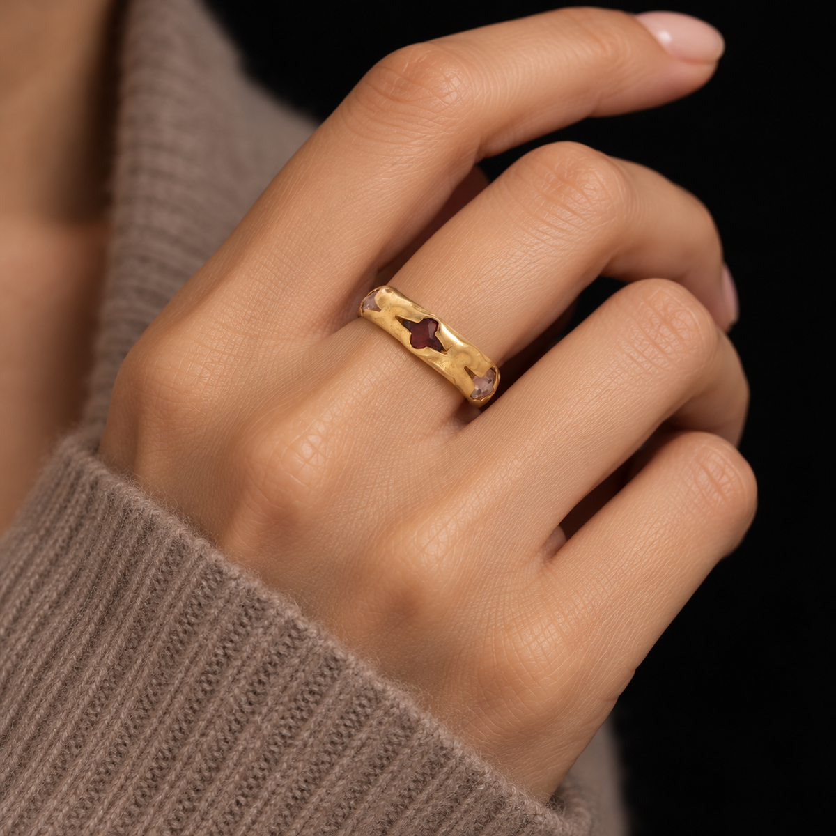 YELLOW GOLD VERMEIL TOPAZ RING ON MODEL, AI STYLING ILLUSTRATION