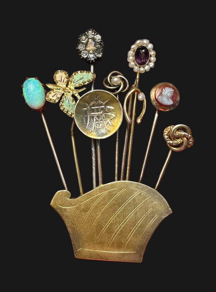 American Victorian Revival 14k gold stick pin assemblage brooch, front