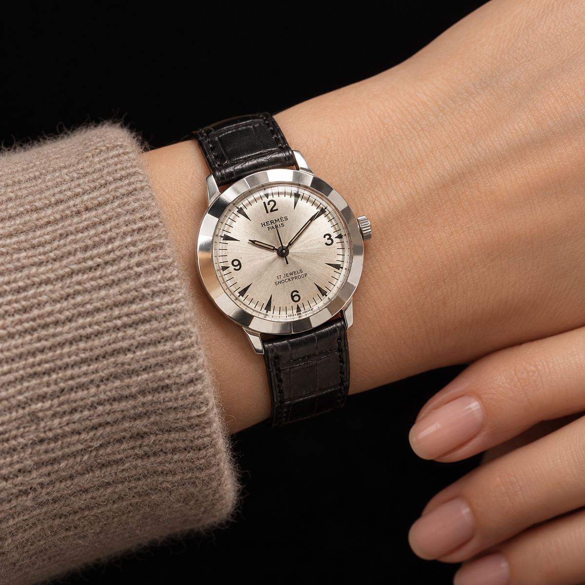 ILLUSTRATIVE MODEL STYLING WITH VINTAGE WATCH WITH HERMÈS SIGNED SILVER DIAL AND CASHMERE