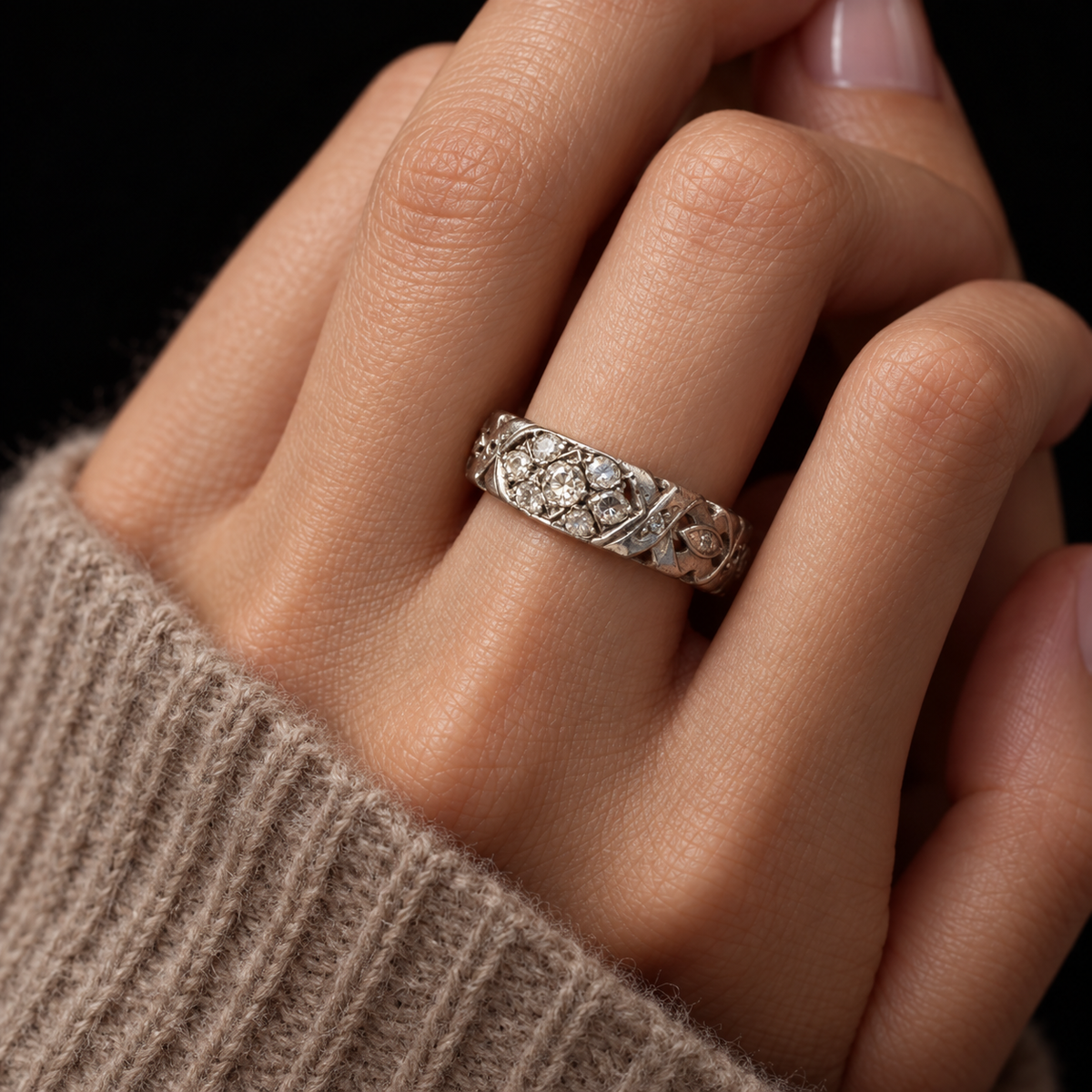 ILLUSTRATIVE MODEL STYLING WITH WHITE GOLD OLD MINE CUT DIAMOND X AND O ETERNITY BAND AND CASHMERE